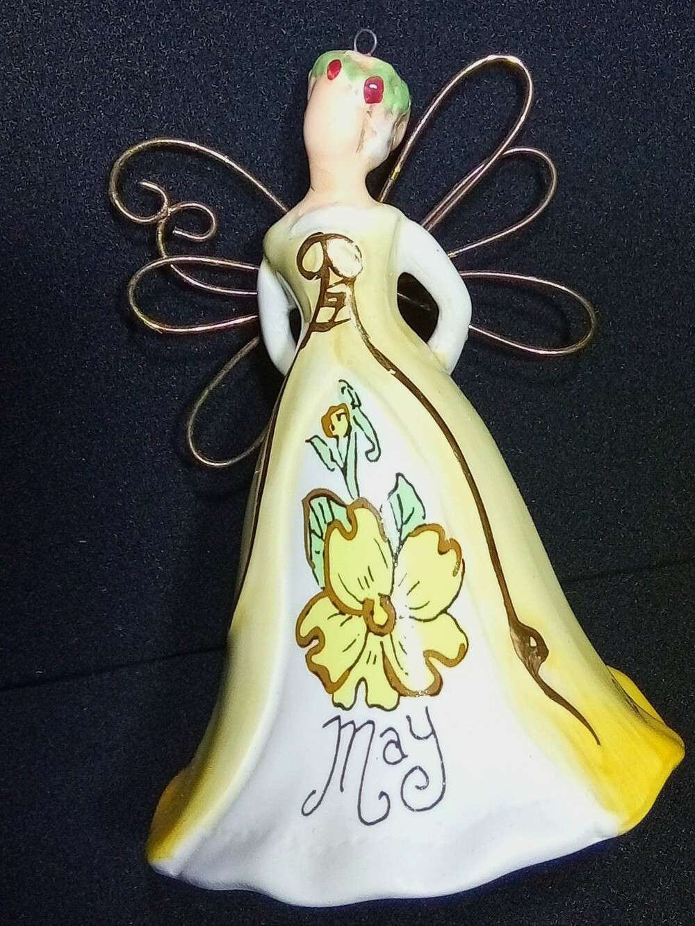 '07 Vintage Blue Sky May Angel Bell Ornament Gold Wings Yellow Cottagecore Fairy